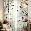 Gray curtains featuring black tree branches, bats, lanterns, and pumpkins for a spooky Halloween theme