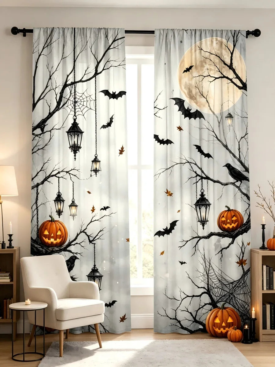 Gray curtains featuring black tree branches, bats, lanterns, and pumpkins for a spooky Halloween theme