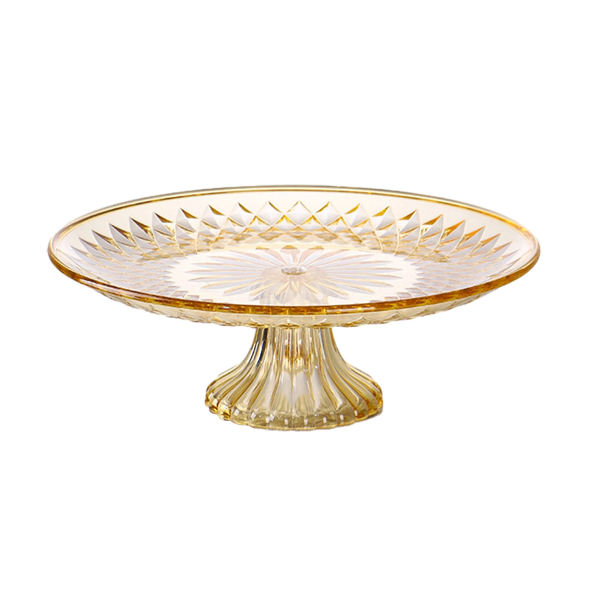 A clear acrylic serving plate with a decorative rim and pedestal base.