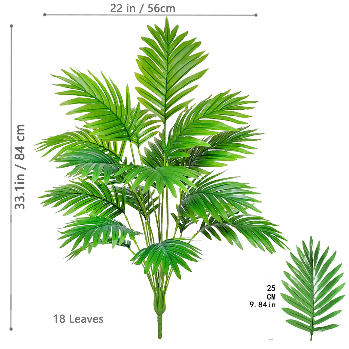 A realistic artificial palm tree featuring vibrant green silk leaves and a slender trunk.