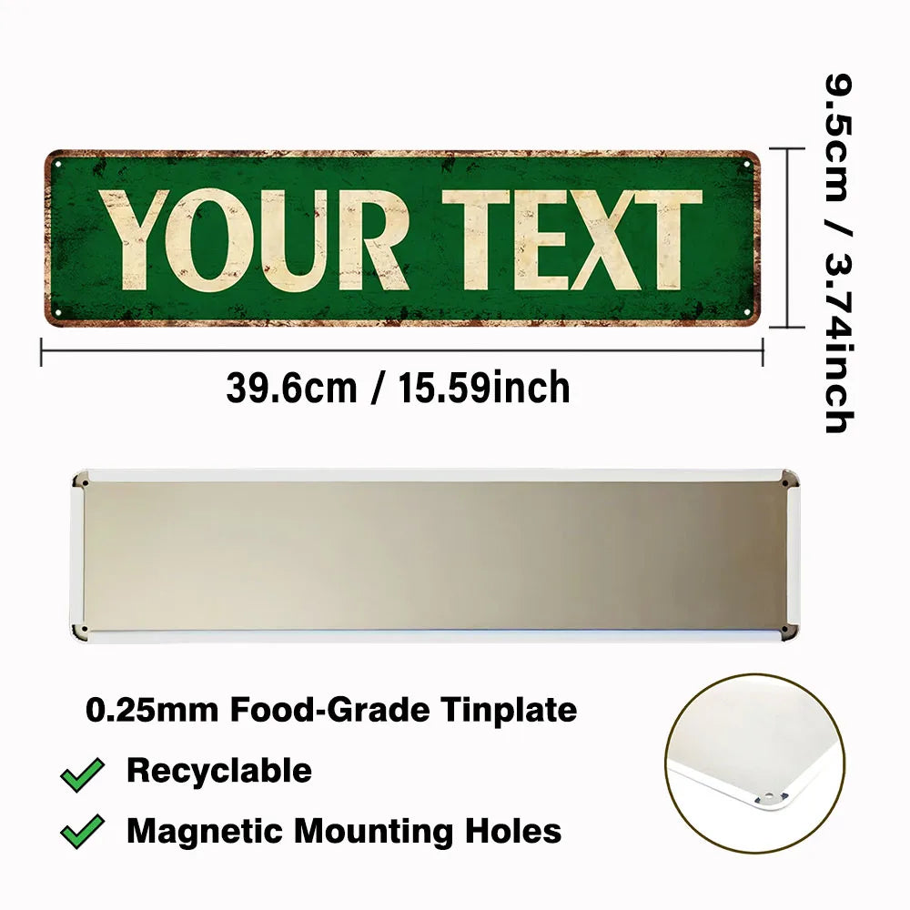 A rectangular green vintage tin sign with text, next to a blank silver tinplate and mounting hardware.