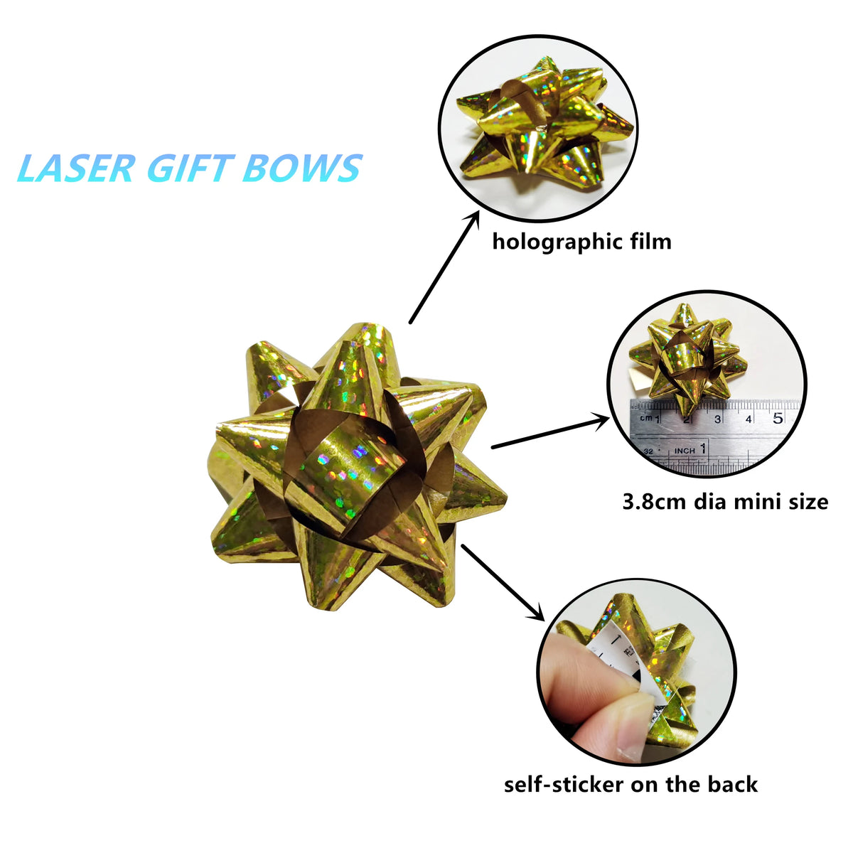 Holographic star gift bows with a self-sticker on the back