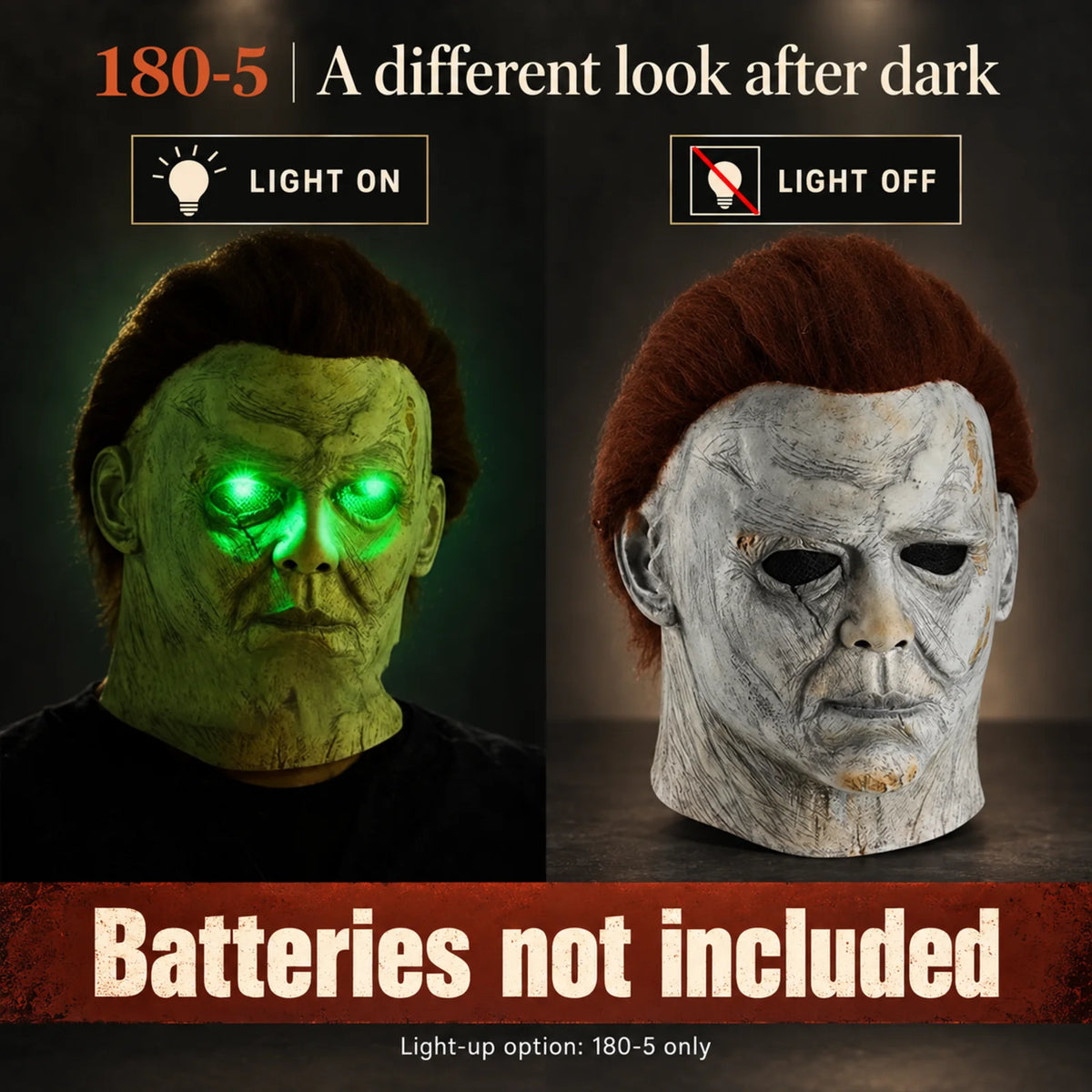 A split image showing a green glowing mask and a gray mask, demonstrating light on and off features.
