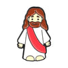 An enamel lapel pin depicting Jesus with long brown hair and a beard, wearing a white garment and a red sash.