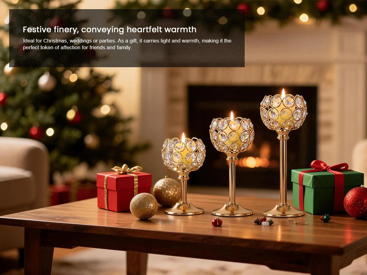 A festive scene featuring elegant metal glass candle holders, wrapped gifts, and holiday lights on a wooden table.