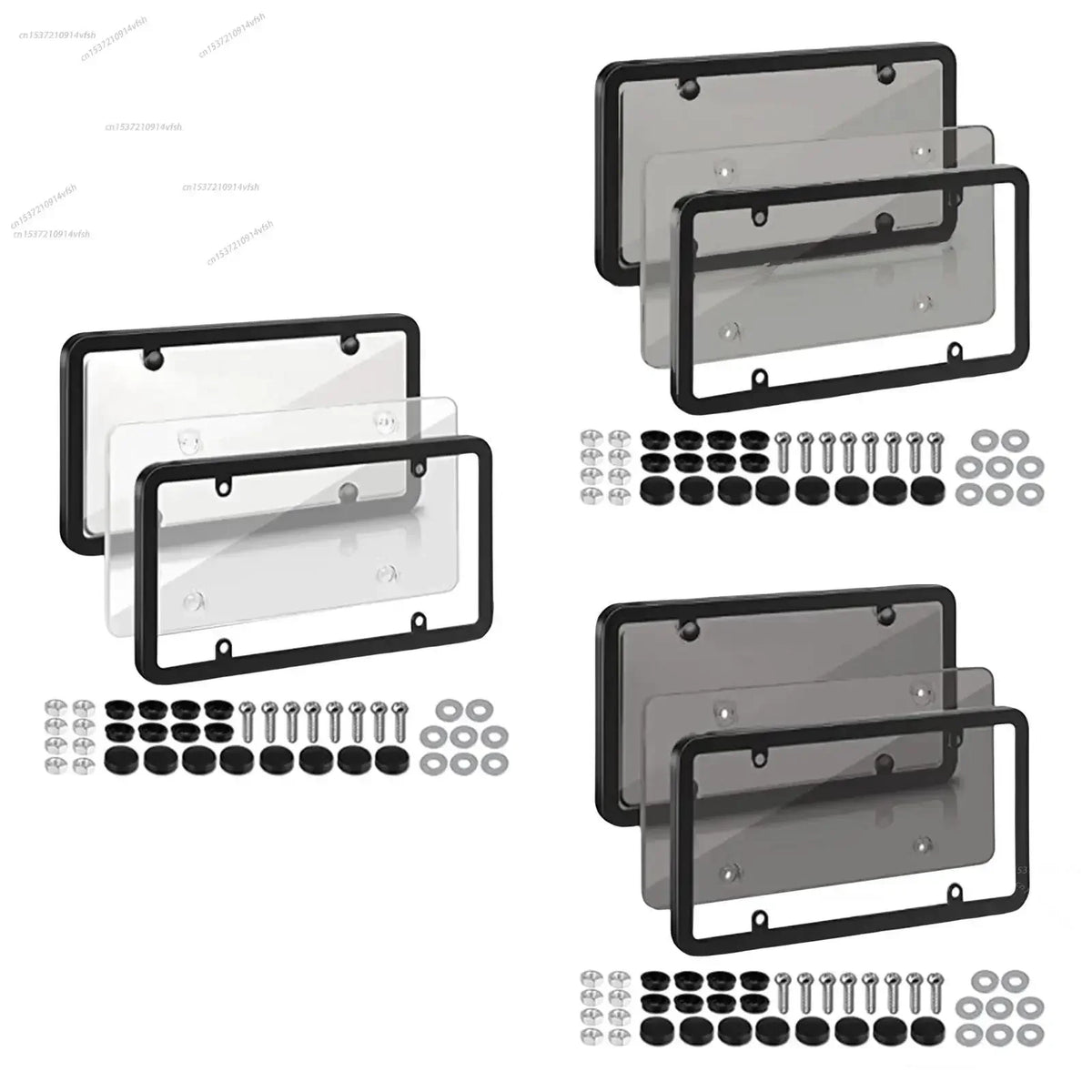 Set of universal license plate frames with mounting brackets and screws for cars and trucks