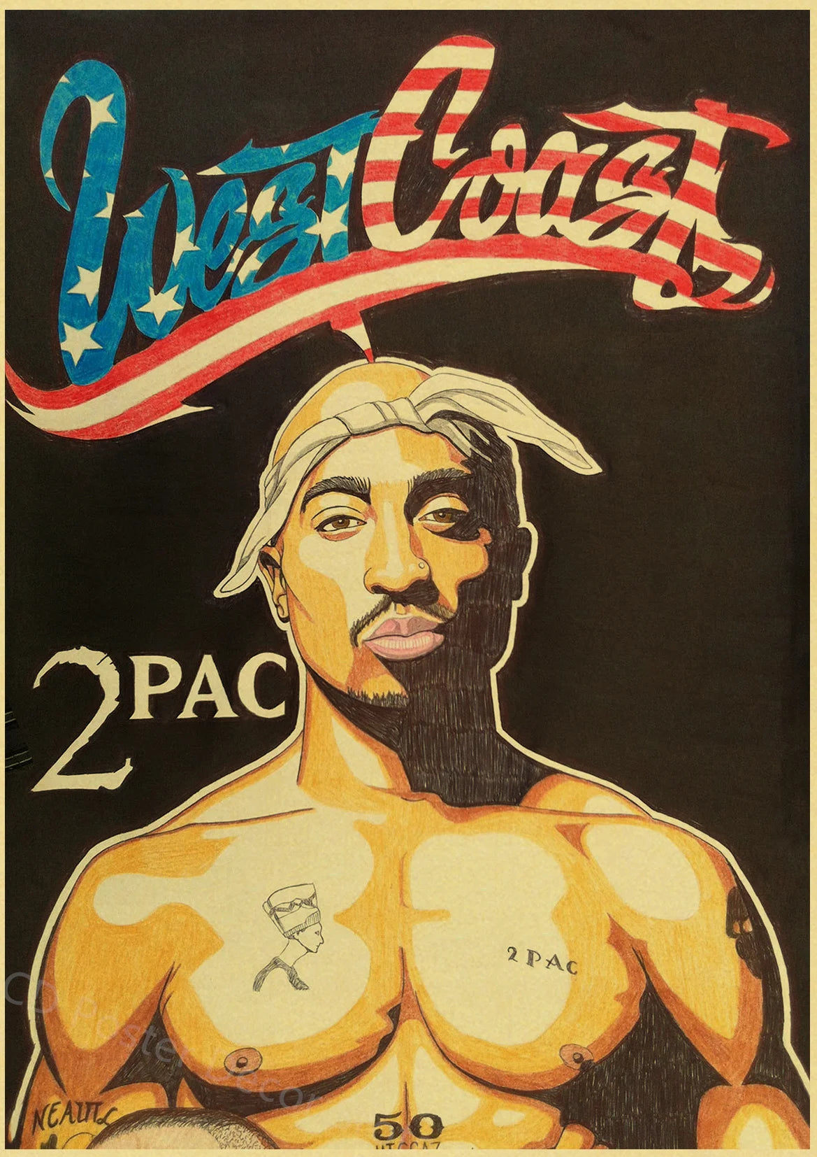 A vintage poster featuring a portrait of Tupac with the text West Coast and 2PAC.