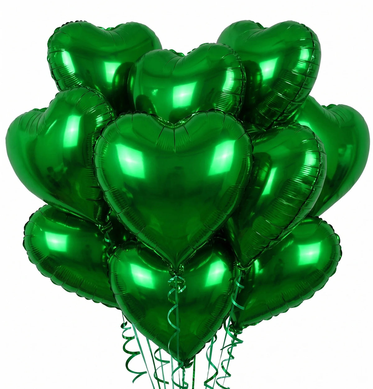 A bunch of glossy green heart-shaped foil balloons tied together.