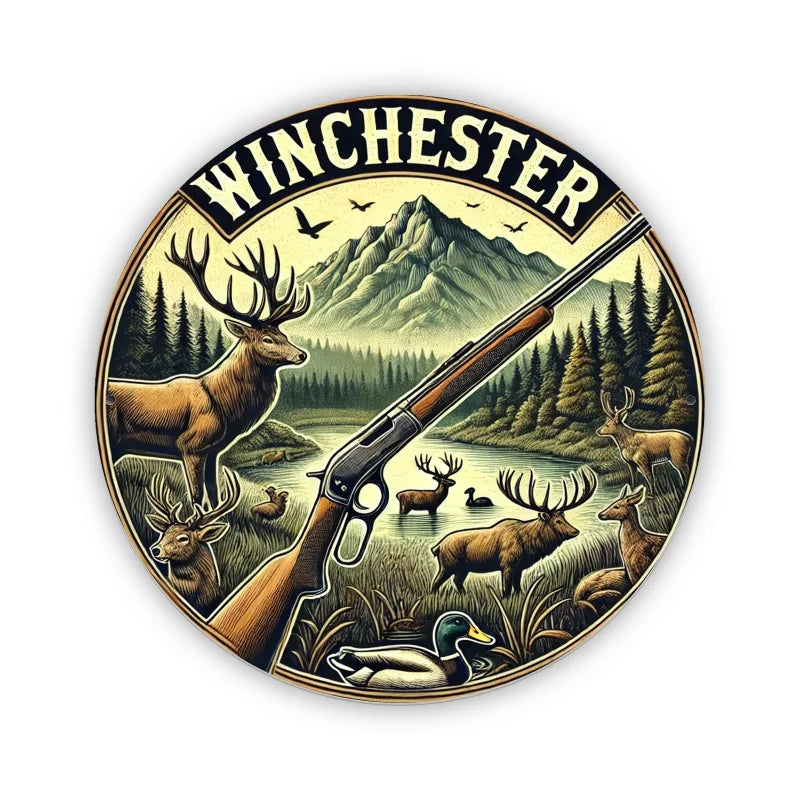 Vintage hunting scene metal wall sign featuring a deer and rifle silhouette against a mountainous landscape.
