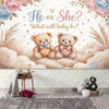 A gender reveal decoration featuring two teddy bears and floral elements on a background with question text.