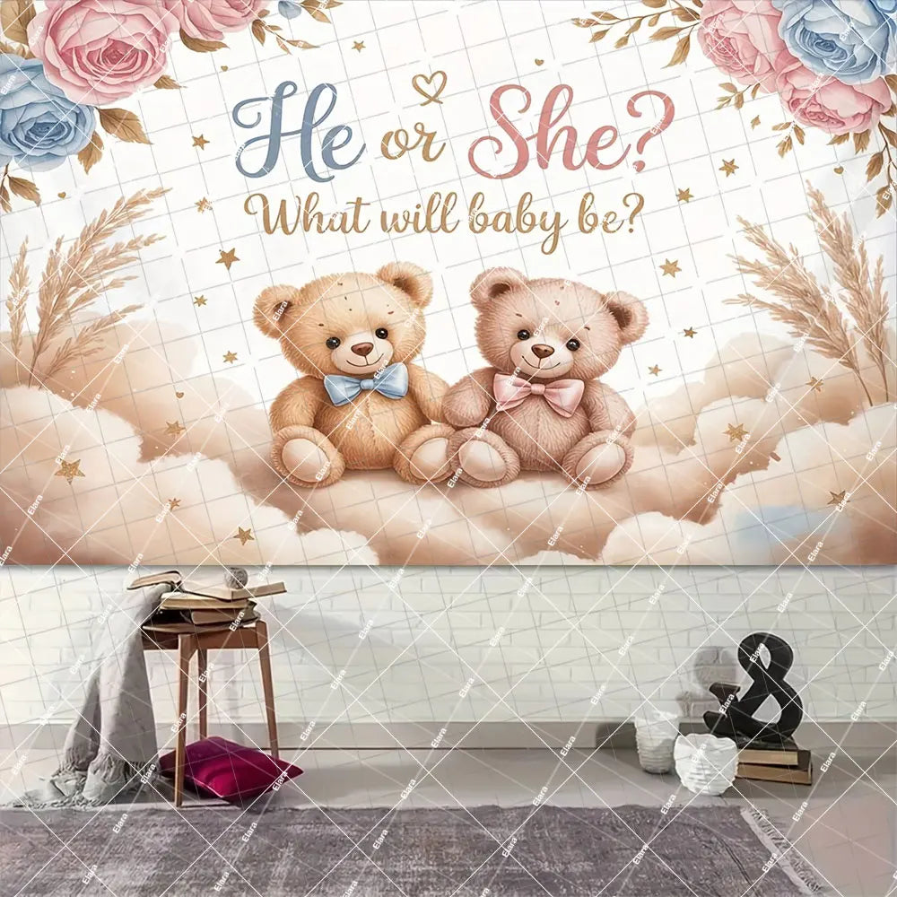 A gender reveal decoration featuring two teddy bears and floral elements on a background with question text.