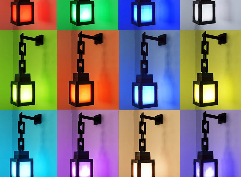 Grille de lanternes LED de style pixel affichant diverses couleurs et effets lumineux.