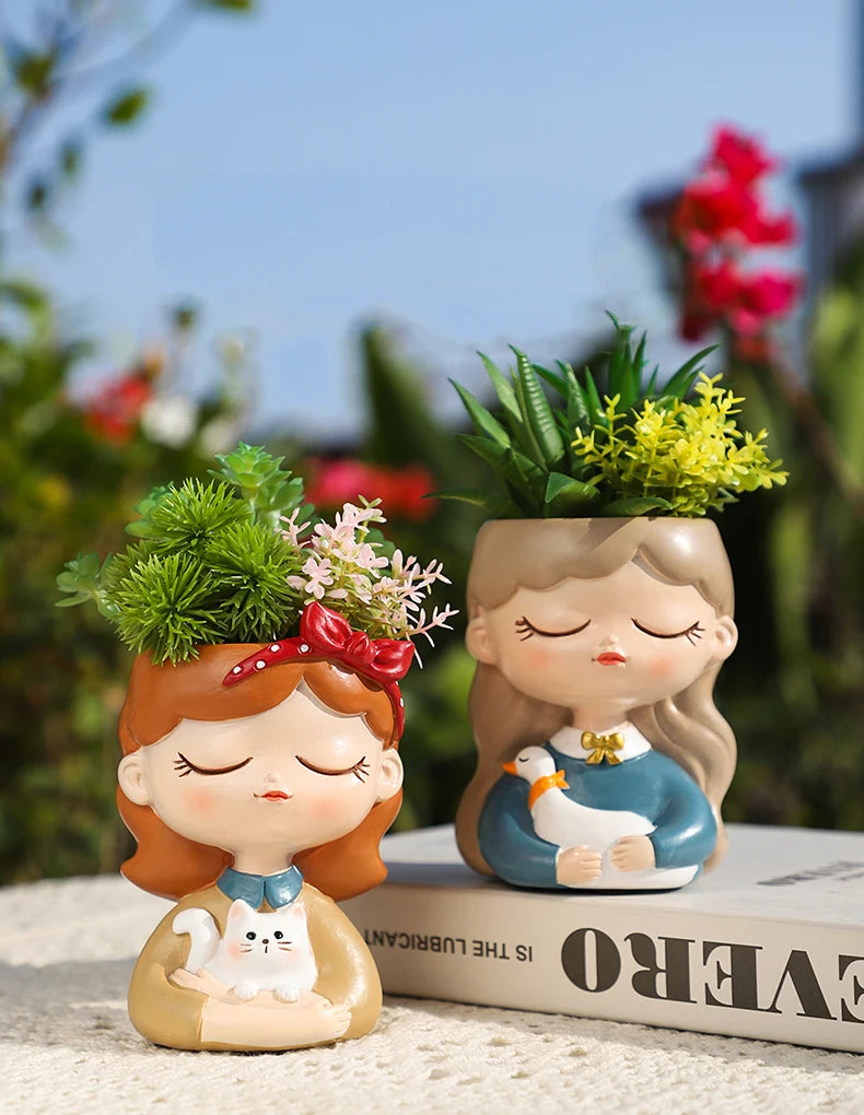 Resin Cartoon Girl Flower Planter