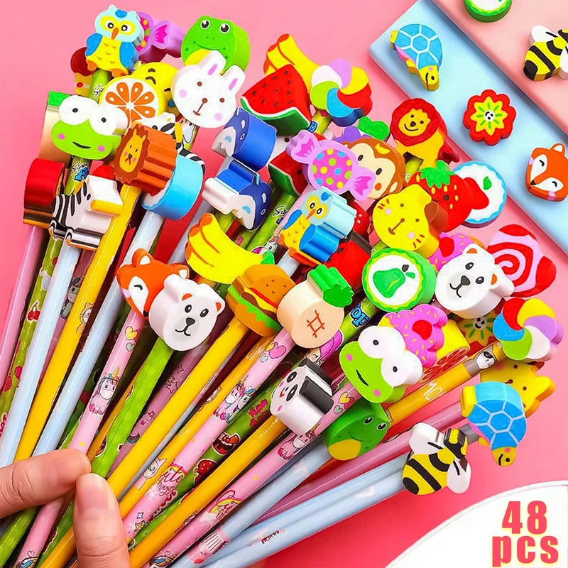 A colorful set of cartoon animal pencils with eraser tops for a back-to-school kit.