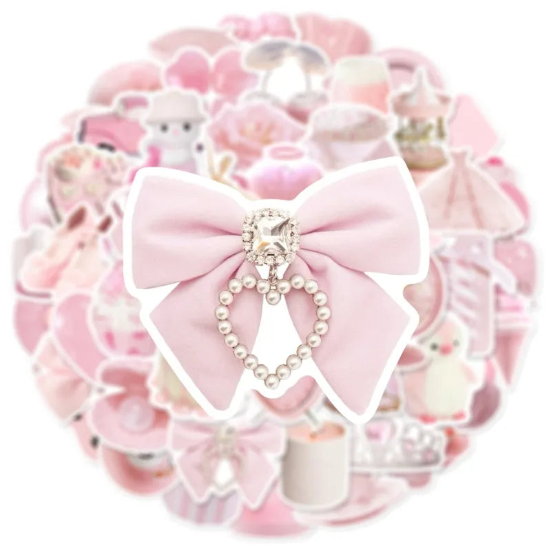 A circular arrangement of cute pink graffiti stickers and accessories for crafting