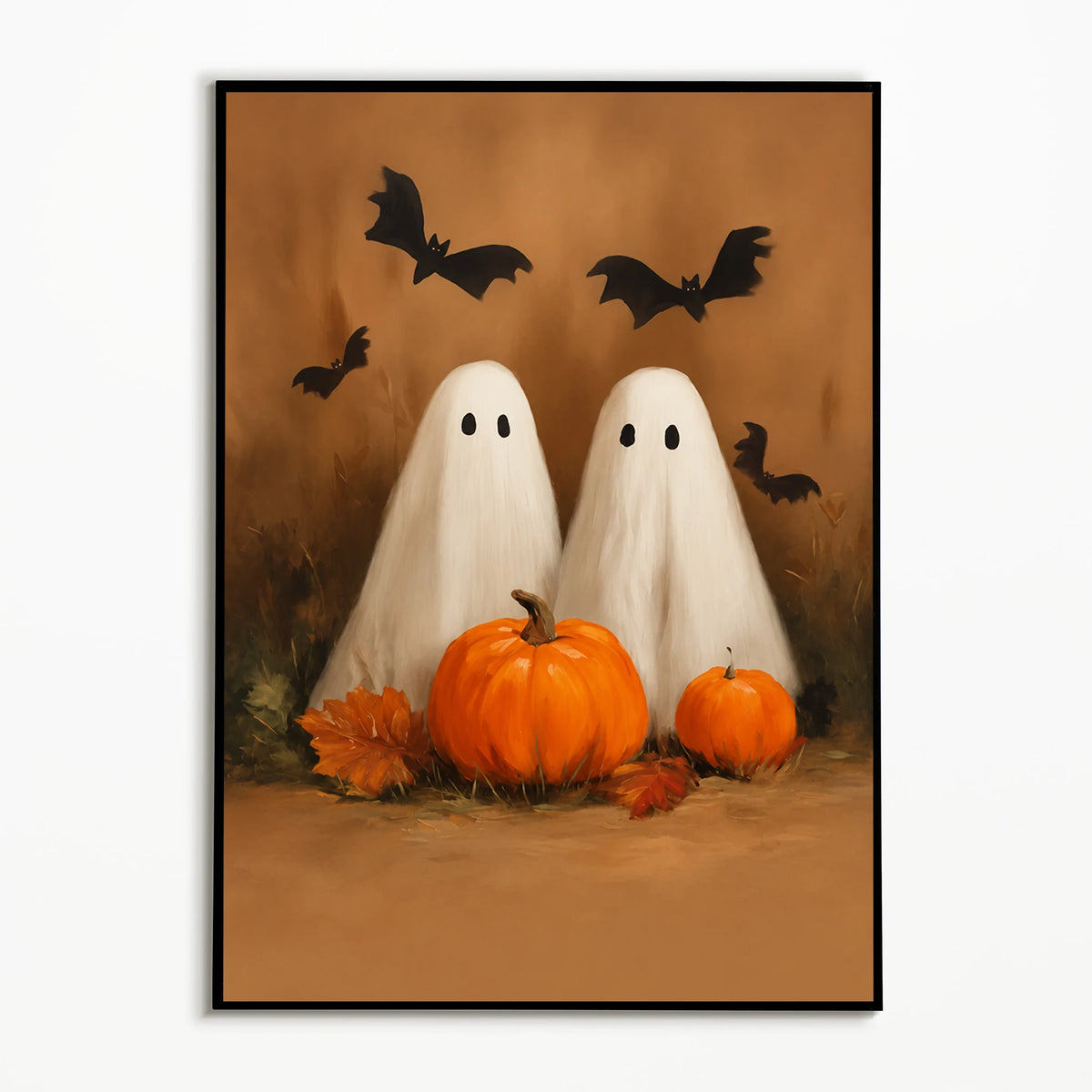 A vintage-style poster featuring white ghosts, a pumpkin, and black bats against a warm, autumnal background.