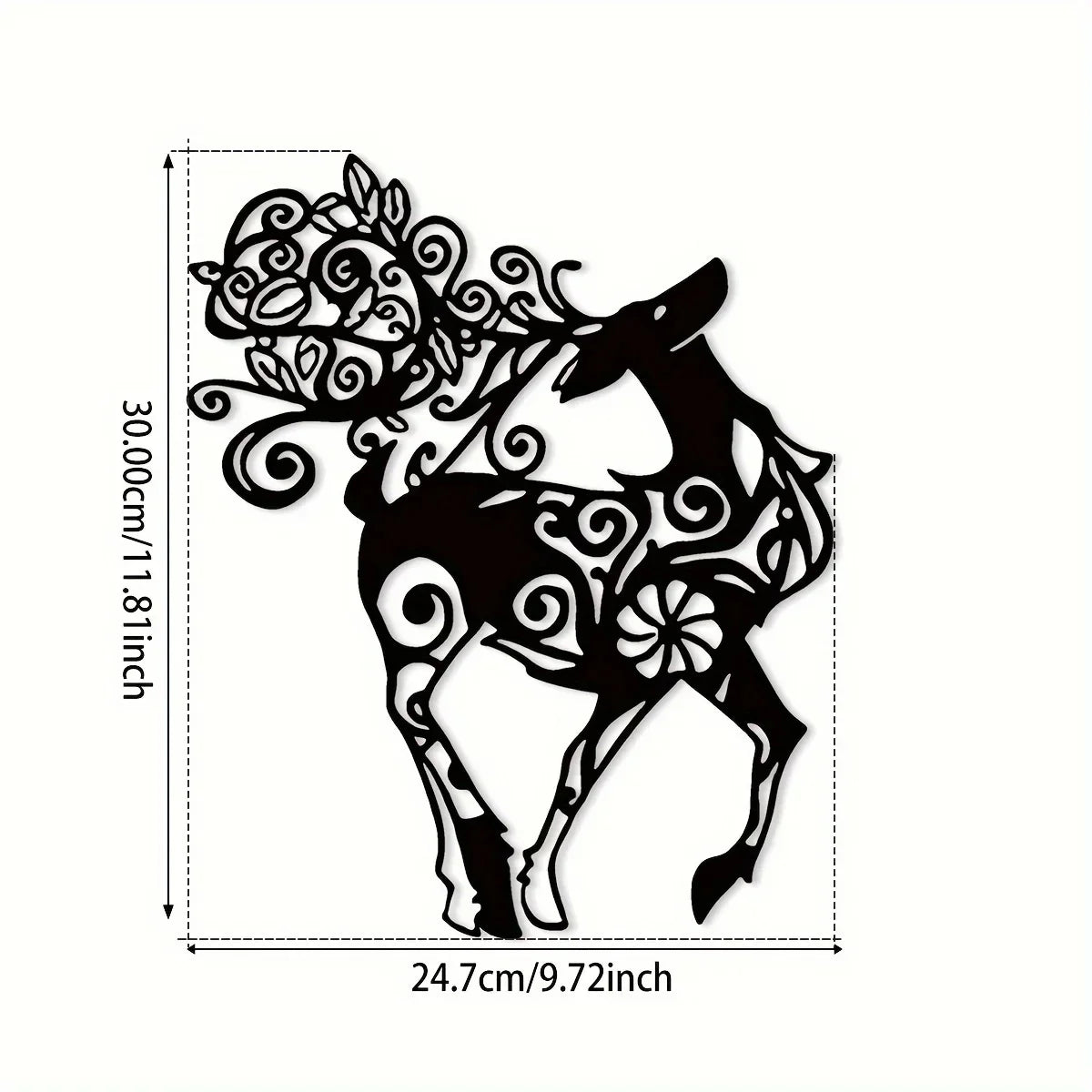 Black metal wall sculpture of a deer head with intricate scrollwork design