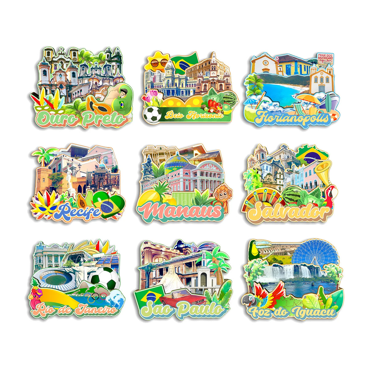 A collection of twelve wooden icons depicting various Brazilian cities and landmarks like Rio de Janeiro, Salvador, Manaus, S
