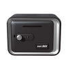 A black safe box with a silver trim and a digital lock mechanism.
