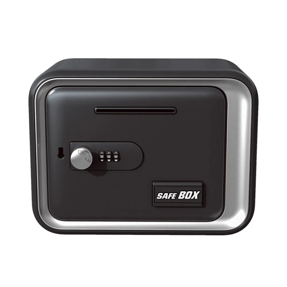A black safe box with a silver trim and a digital lock mechanism.
