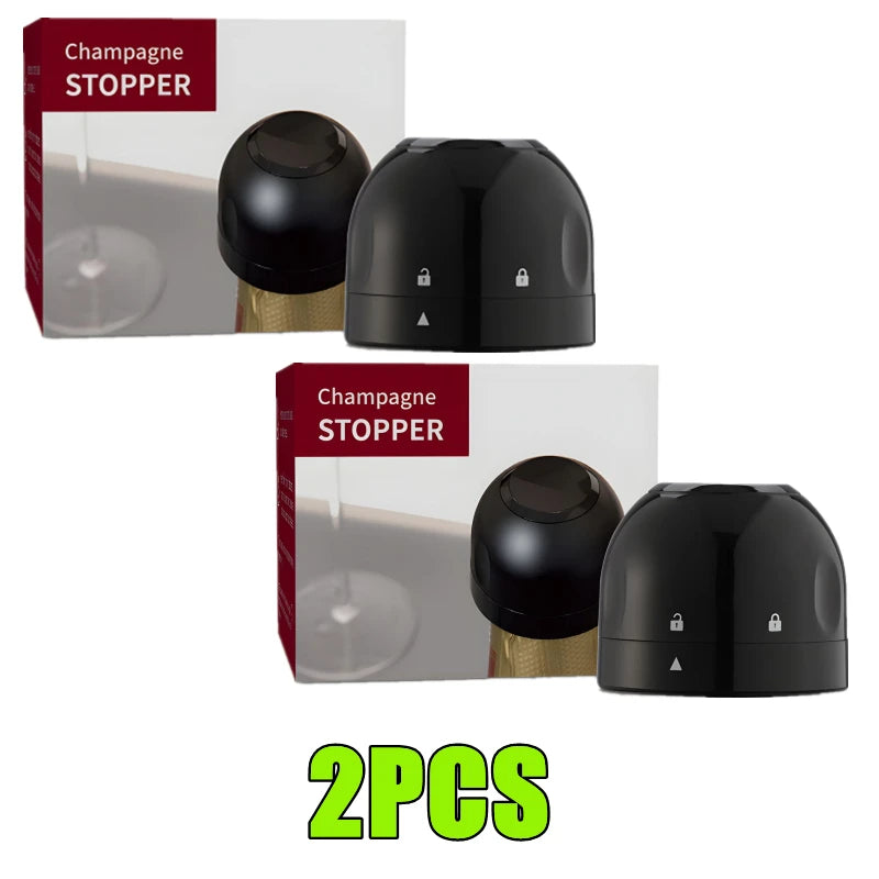 Two black silicone wine bottle stoppers with rotating locks shown in product packaging.