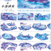 Collection de masques aquarelles violets et bleus avec paysages, arbres et animaux pour ruban de masquage de feuilles vertes 
