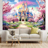 A vibrant fantasy painting featuring a pink castle surrounded by blooming cherry trees and colorful flowers.