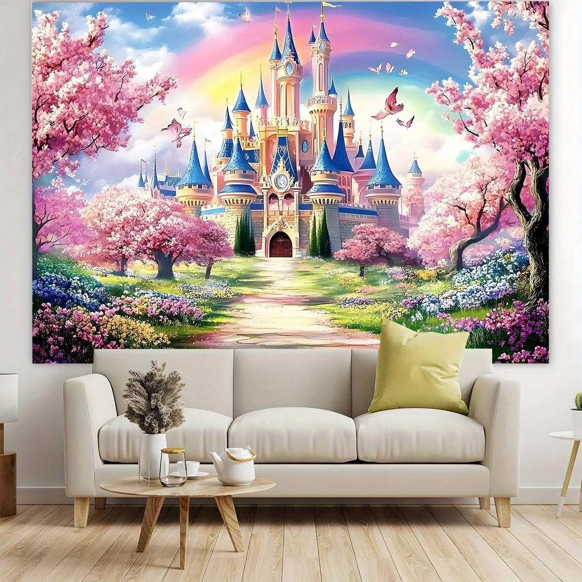 A vibrant fantasy painting featuring a pink castle surrounded by blooming cherry trees and colorful flowers.