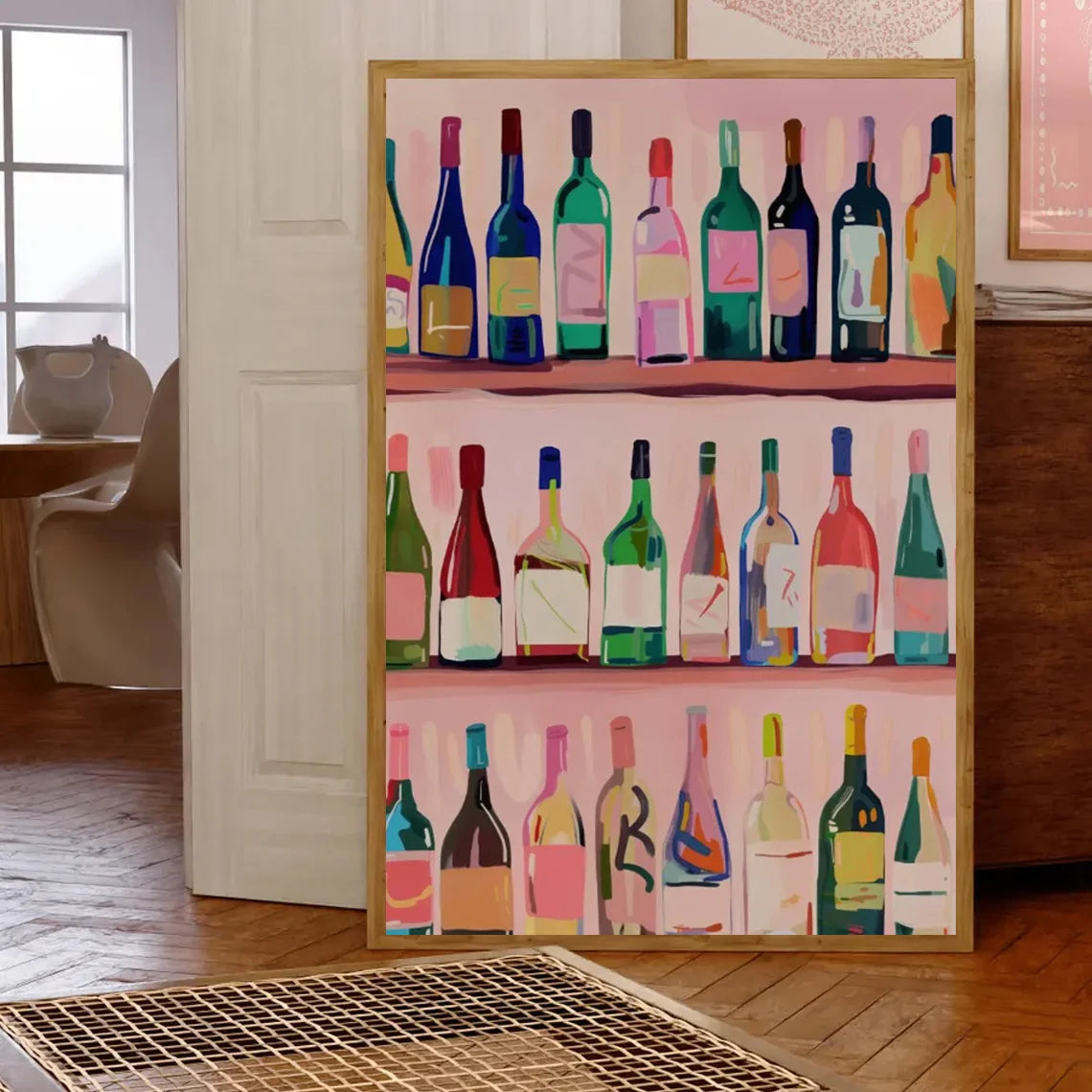 A vertical wall art print featuring a row of vintage wine bottles in various colors displayed on a wooden shelf.