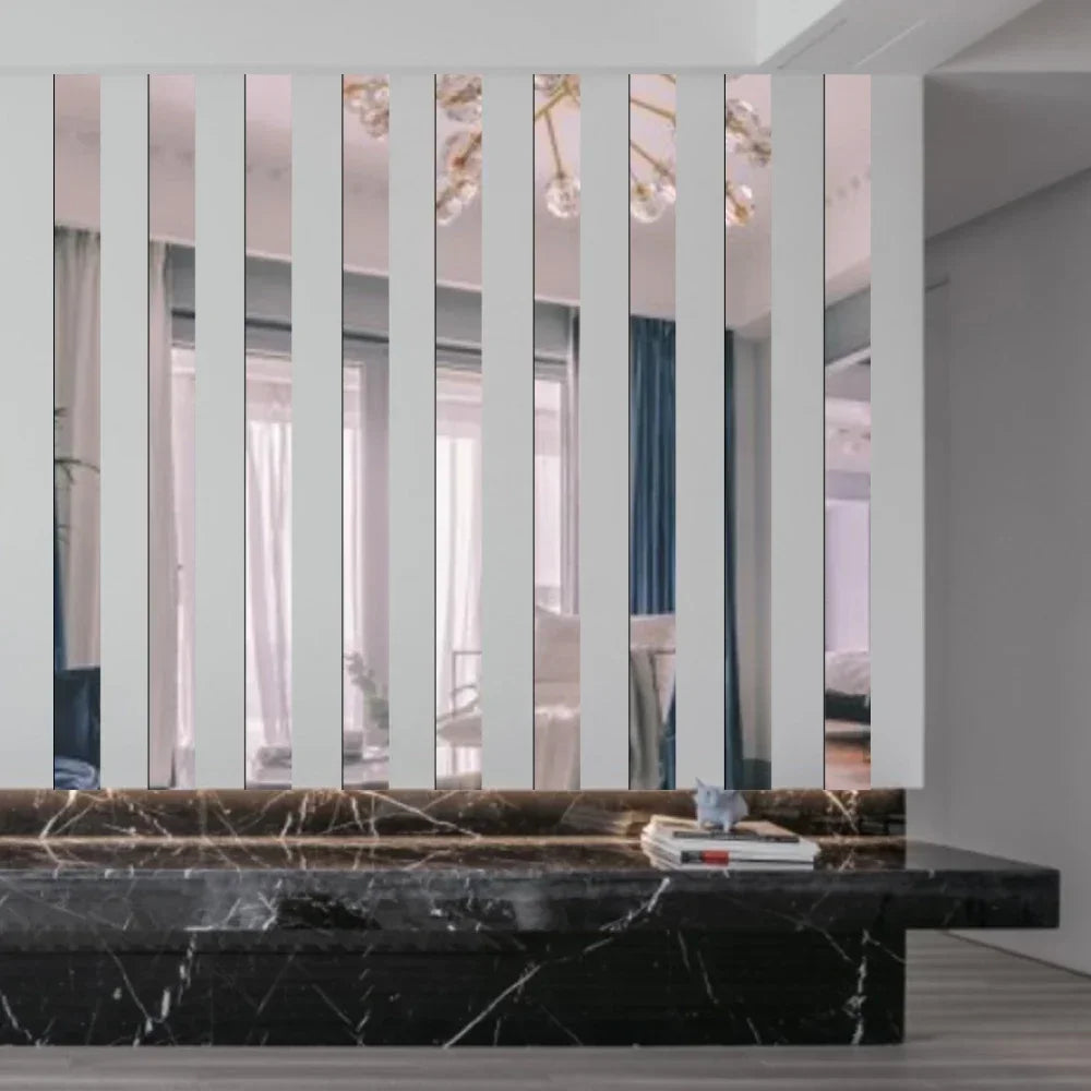 Acrylic mirror strip wall stickers reflecting light in a modern interior setting
