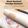 A set of bleed-resistant smudge-resistant acrylic paint markers with a brush tip resting on a rolled canvas.