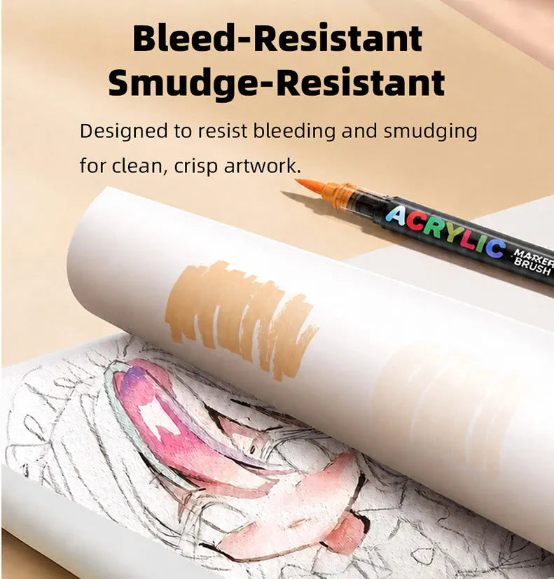 A set of bleed-resistant smudge-resistant acrylic paint markers with a brush tip resting on a rolled canvas.
