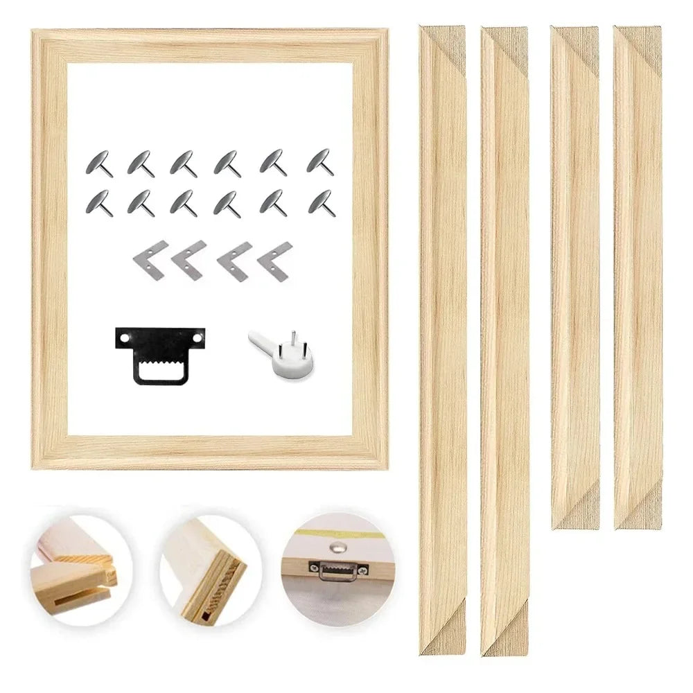 A set of wooden framing and mounting pieces for an anime canvas print, including strips and hardware.