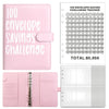 Pink budget savings challenge tracker featuring numbered envelopes and a total savings goal of $5,050