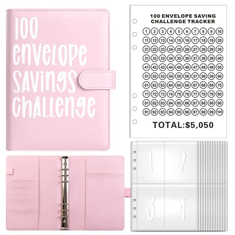 Pink budget savings challenge tracker featuring numbered envelopes and a total savings goal of $5,050