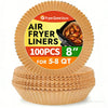 Pack of 100 disposable round air fryer liners, 8 inches in diameter, for use with an air fryer.
