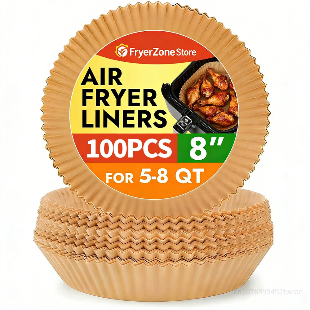 Pack of 100 disposable round air fryer liners, 8 inches in diameter, for use with an air fryer.