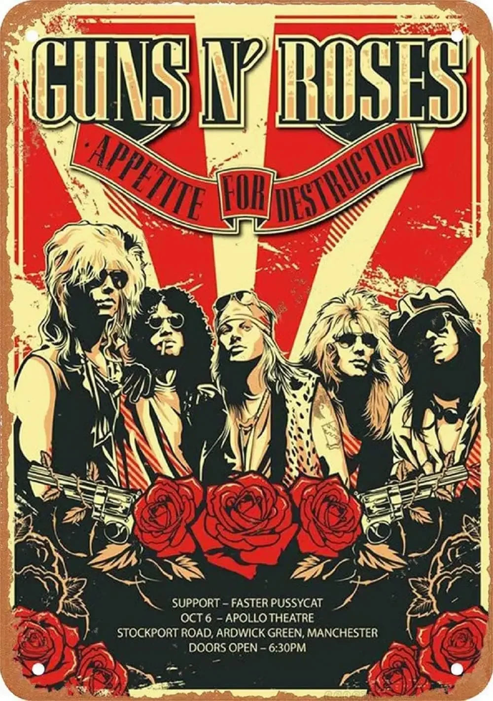 Placa de metal vintage de banda de rock, decoración de pared con diseño rojo y negro, rosas y texto Guns N' Roses