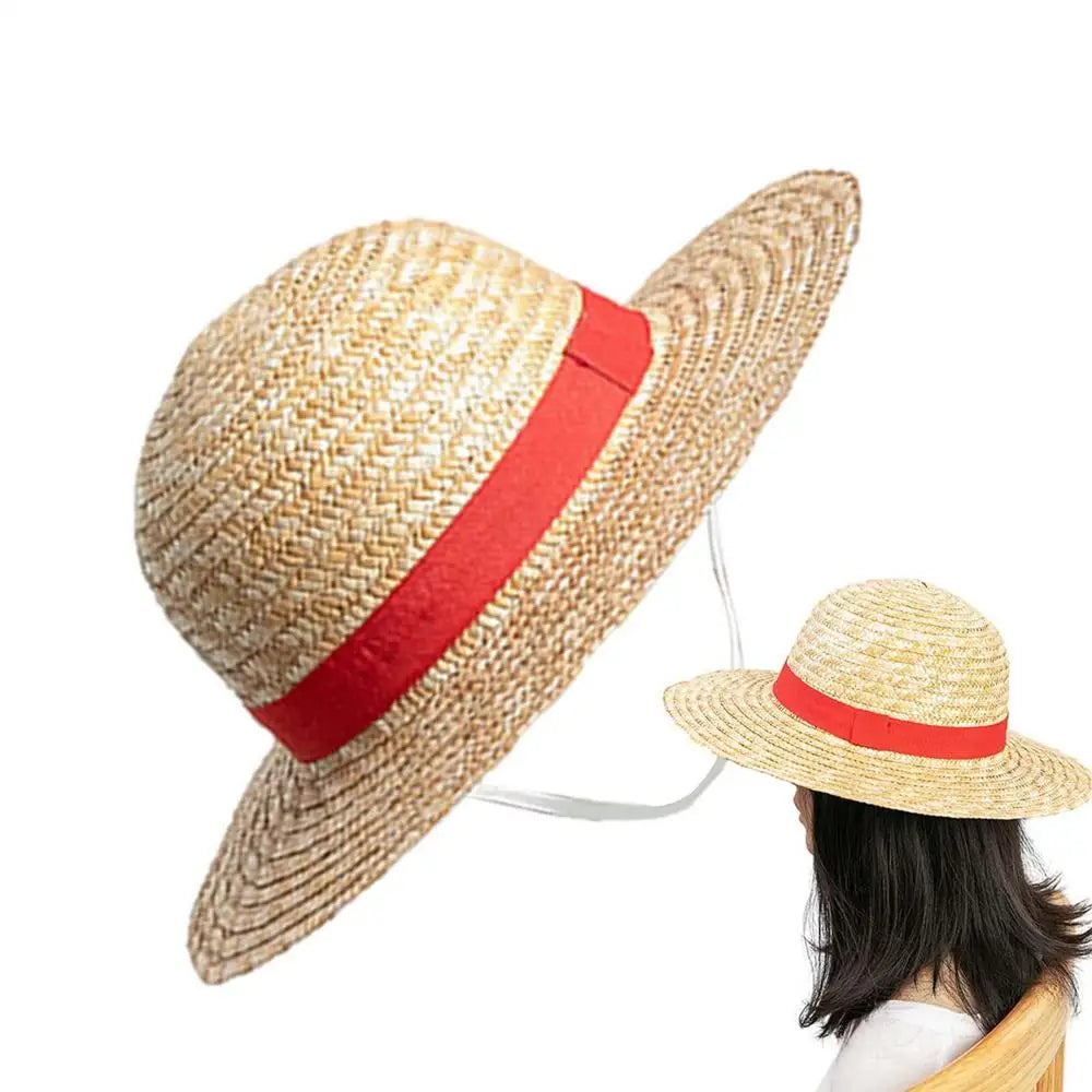 A straw hat with a red band is shown, viewed from above and angled toward a person's head.