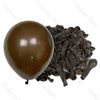 A single brown latex balloon next to a pile of dark brown latex balloons for decor.