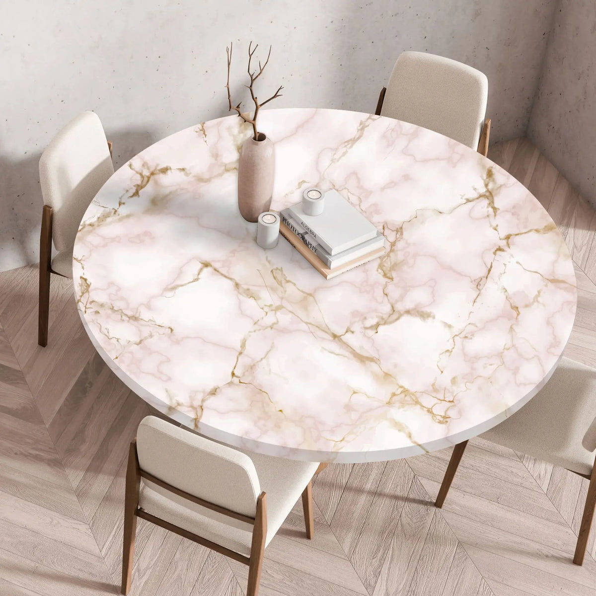 A round marble print tablecloth is displayed on a table in a modern interior setting.