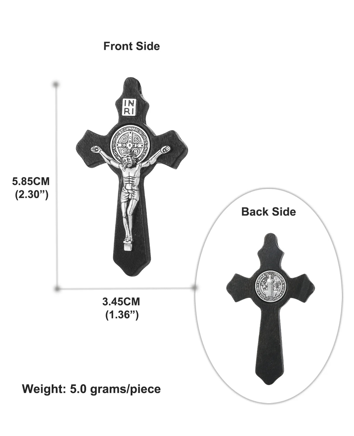 Front and back views of a black wooden St. Benedict crucifix pendant set.