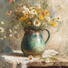 A still life painting featuring a bouquet of wildflowers in a ceramic pitcher on a wooden surface.