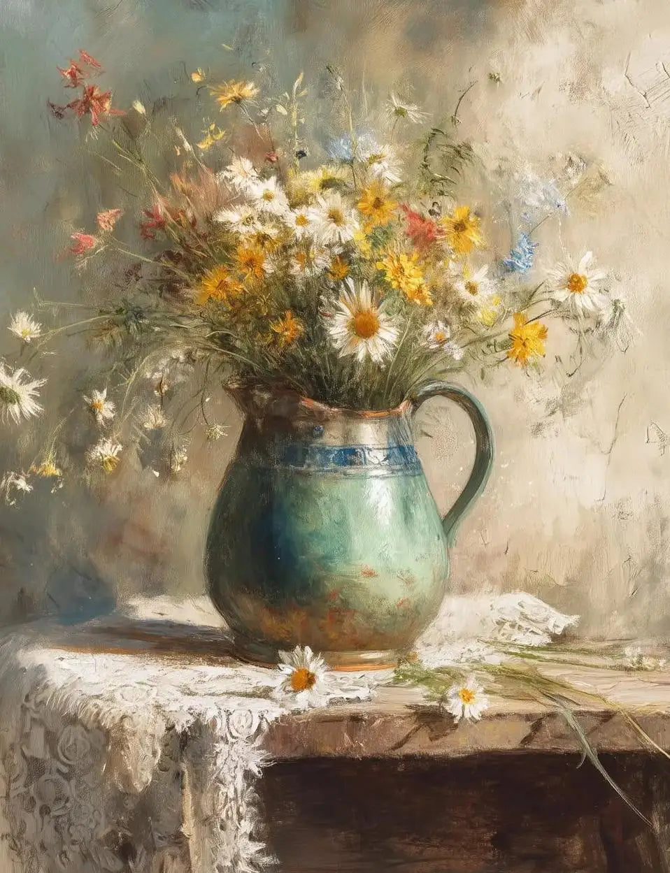 A still life painting featuring a bouquet of wildflowers in a ceramic pitcher on a wooden surface.