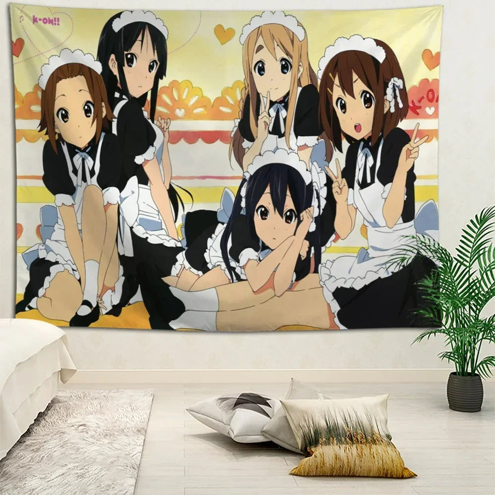 Anime girl group tapestry featuring four characters in black and white outfits against a yellow background