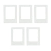 A set of five white decorative photo frame magnets arranged in a row.