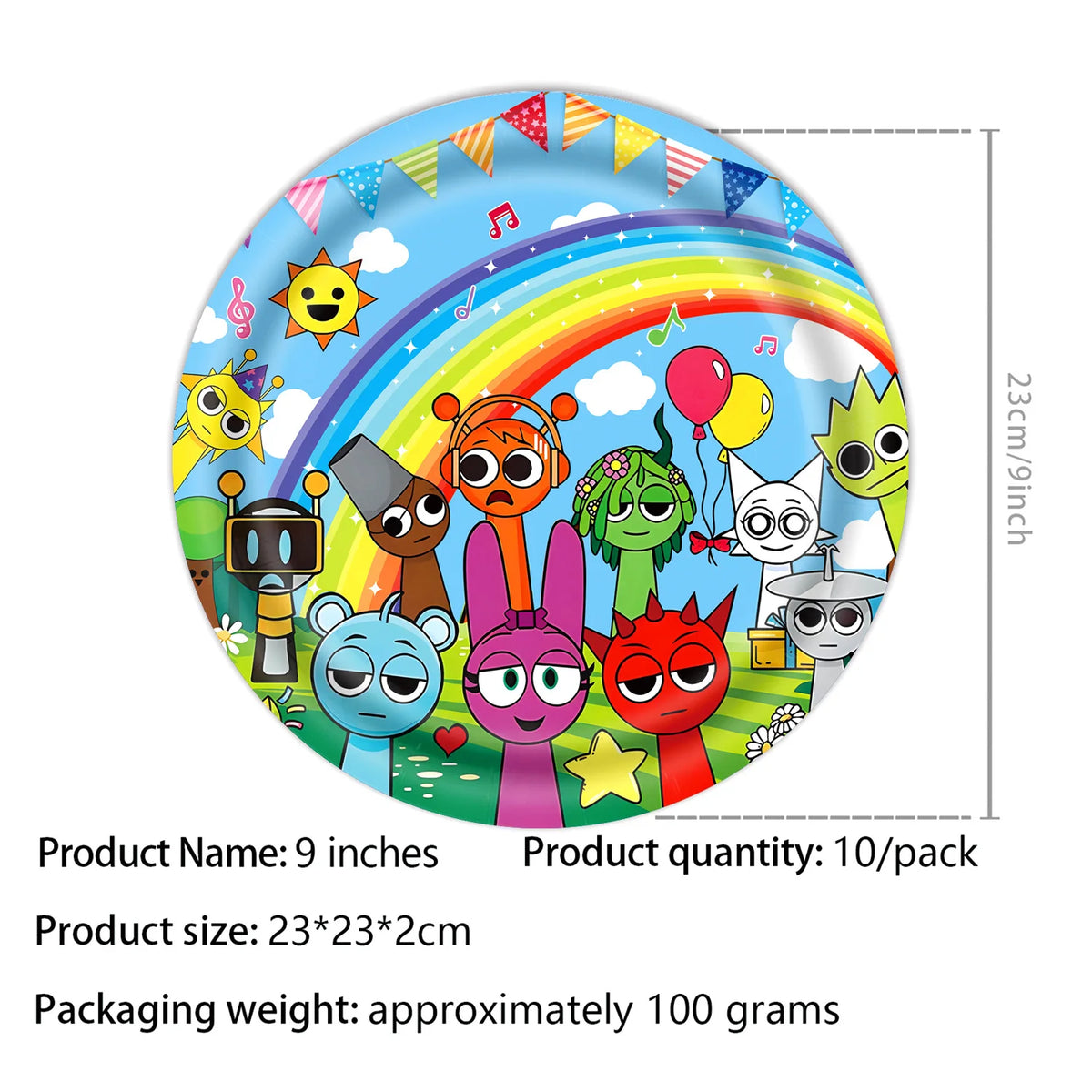 A colorful plate featuring a rainbow design and cartoon characters for a birthday party set.