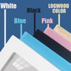 A close-up view of a custom photo frame showing various color options including white, black, blue, pink, and logwood.