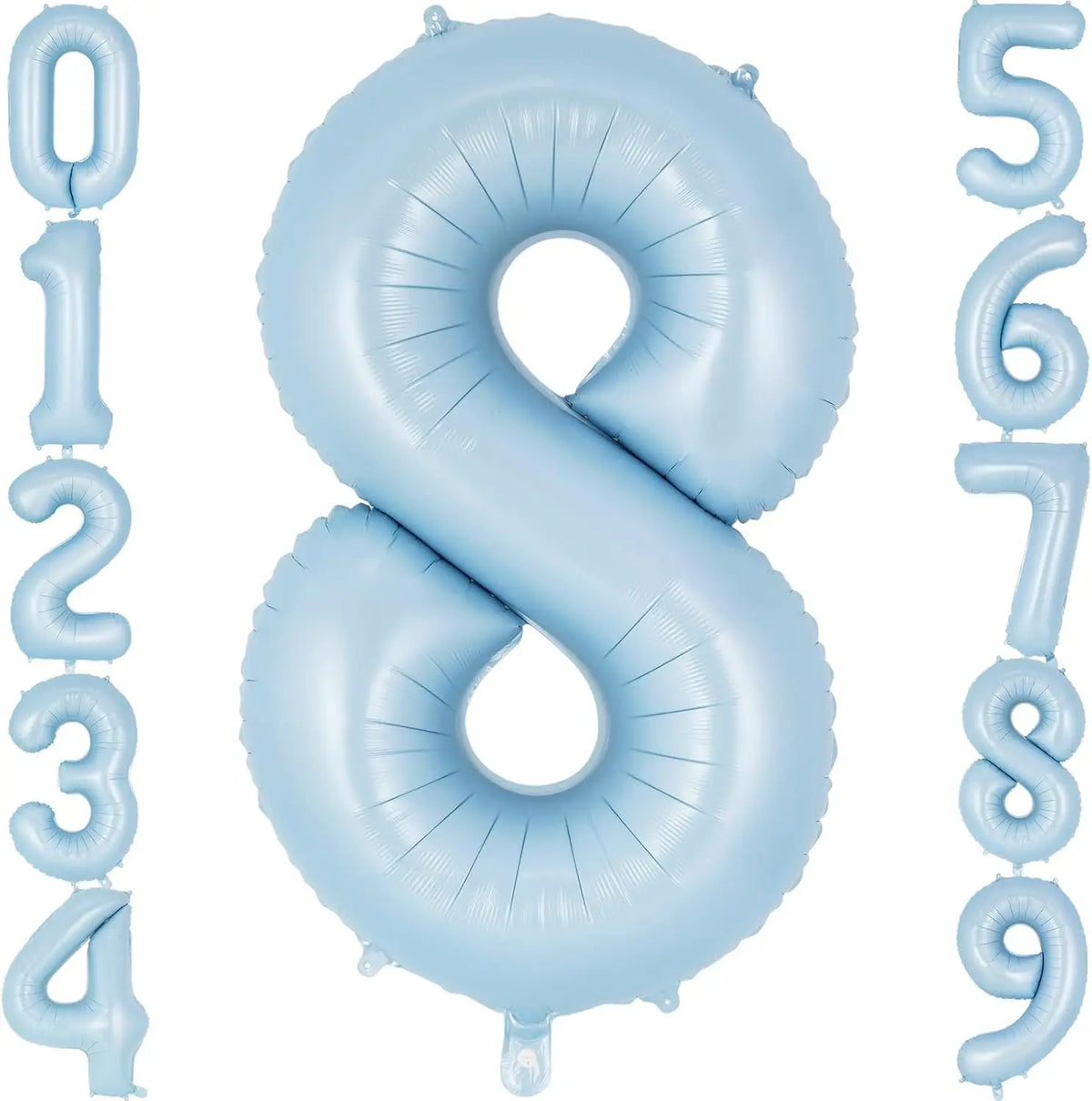 A large light blue foil number balloon shaped like the number 8.
