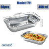 A silver disposable aluminum foil tray filled with spaghetti is shown next to product specifications.